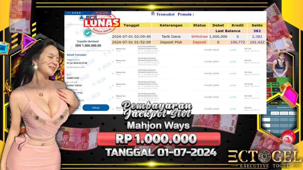 BUKTI JACKPOT SLOT MAHJONG WAYS TERPERCAYA DI INDONESIA TGL 01-07-2024