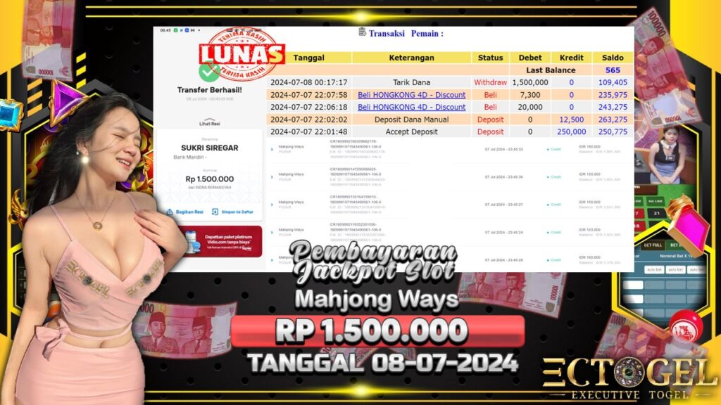 BUKTI JACKPOT SLOT MAHJONG WAYS TERPERCAYA DI INDONESIA TGL 08-07-2024