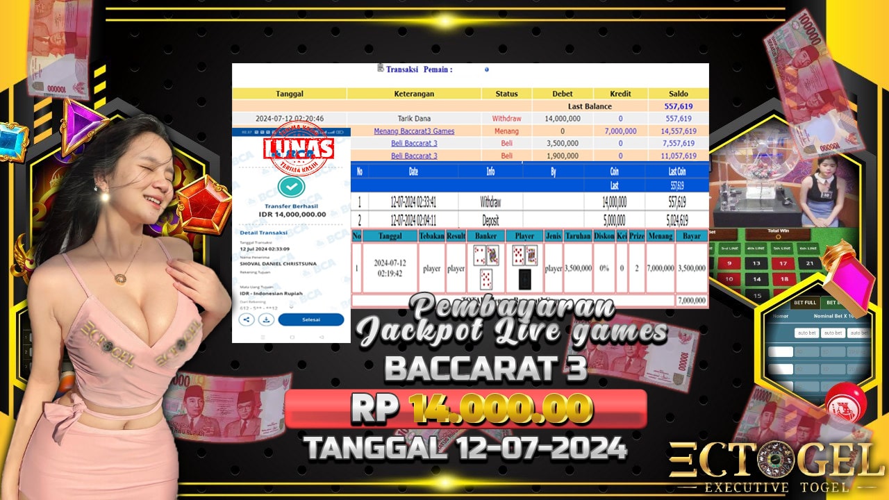 BUKTI JACKPOT BACCARAT 3 GAMES TERPERCAYA DI INDONESIA TGL 12-07-2024